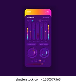 Equalizer theme smartphone interface vector template. Mobile app page purple design layout. Nightmode screen. Flat UI for application. Audio parametric setting Phone display