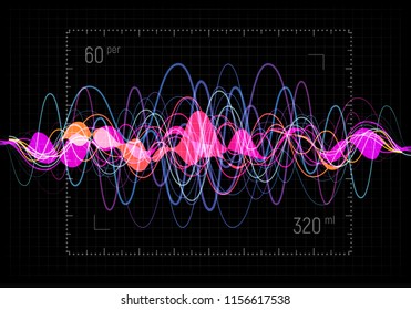 Equalizer vector illustration. Abstract wave icon set for music and sound. Pulsation color wavy motion lines on black background. Radio frequency graph. Graphic digital voice. Stock rate line