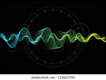 Equalizer Vector Illustration. Abstract Wave Icon Set For Music And Sound. Pulsation Color Wavy Motion Lines On Black Background. Radio Frequency Graph. Graphic Digital Voice. Stock Rate Line