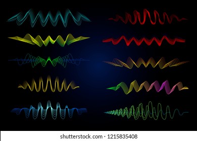 Equalizer vector illustration. Abstract wave icon set for music and sound. Pulsation color wavy motion lines on black background. Radio frequency graph. Graphic digital voice. Stock rate line. 