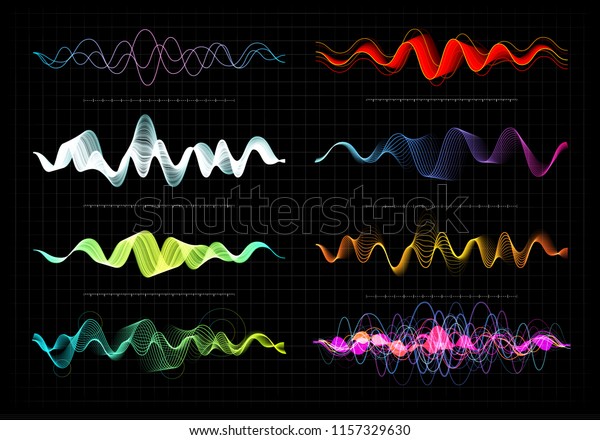 イコライザのベクターイラスト 音楽とサウンド用の抽象的な波のアイコンセット 黒い背景に脈動の色の波状のモーションライン 無線周波数グラフ グラフィックデジタル音声 株価明細行 のベクター画像素材 ロイヤリティフリー