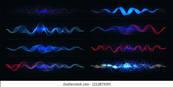 Equalizer vector illustration. Pulsation color wavy motion lines on black background. Radio frequency graph. Graphic digital voice. Stock rate line