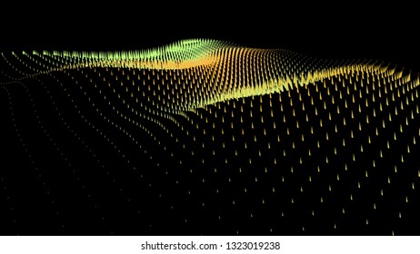 Equalizer for visualization waves vector concept. Abstract background from particles. Landscape of hill waves horizon. Big data stream. 3d nodes structure.