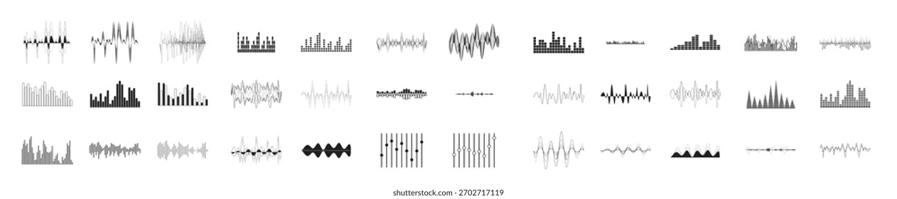 Coleção de ondas do equalizador. Ilustrações monocromáticas para aplicações e programas musicais.