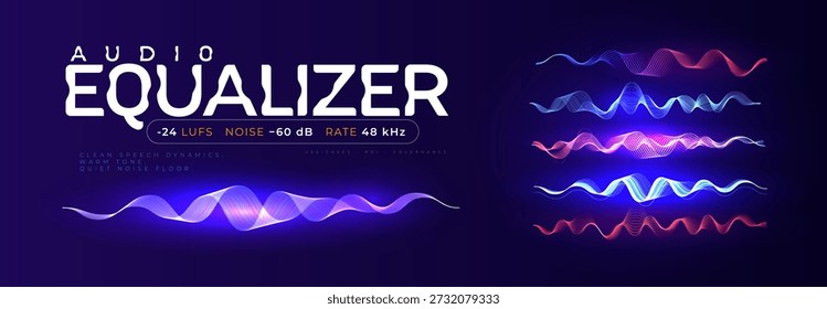 Equalizer Waves Music Beat Elements Sound, Glowing Neon Blue Purple Magenta Waveforms Set, Radion Signal Isolated Waving Lines, Neon Glowing Pulse Graph Equaliser Soundwaves. Vector Illustration.