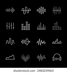 Equalizers, white line icons. Sound wave symbols for audio control. Essential for music and tech themes. Symbols on black background. Editable stroke.