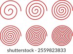 Equally spaced red spiral line pack, editable stroke path vector illustration