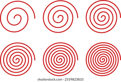 Equally spaced red spiral line pack, editable stroke path vector illustration