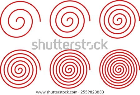 Equally spaced red spiral line pack, editable stroke path vector illustration