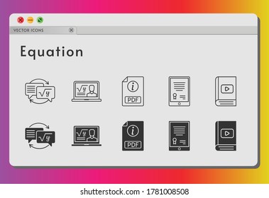 conjunto de iconos de ecuación. incluye tableta, profesor, pdf, ebook, íconos de los deberes sobre fondo blanco. estilos lineales y llenos.