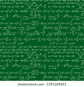 Equations background with geometry, physics, maths and trigonometry scientific formulas. Vector green chalkboard with data lettering, algorithms and logarithms, integrals and theorems, cos and sin