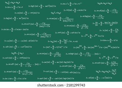 Ecuaciones y fórmulas de logaritmos, derivados, trigonométricos, logarítmicos, hiperbólicos e inversos sobre fondo de pizarra verde