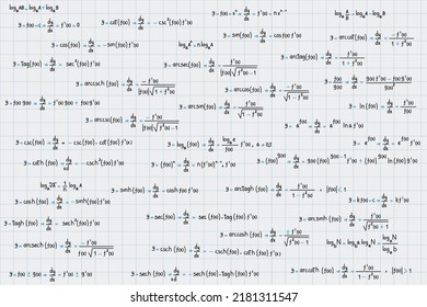 Equations and formulas of logarithms, derivatives, trigonometric, logarithmic, hyperbolic and inverse on graph paper background
