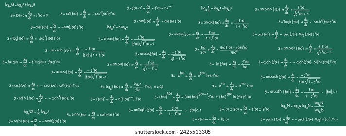 Equations and formulas of logarithms, derivatives, trigonometric, logarithmic, hyperbolic and inverse on green chalkboard background