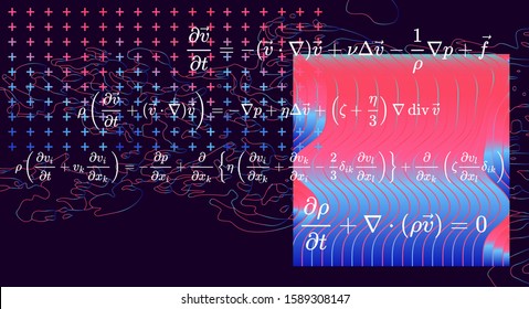 Navier–Stokes equations, formulas that describe the motion of viscous fluid substances. Chalkboard with schemes and calculations.