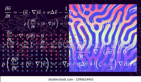 Navier–Stokes equations, formulas that describe the motion of viscous fluid substances. Chalkboard with schemes and calculations.