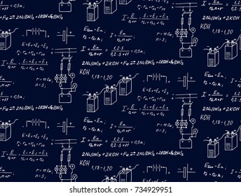 equations on blueprint. Technological and scientific  background. Vector hand-drawn vintage seamless pattern.