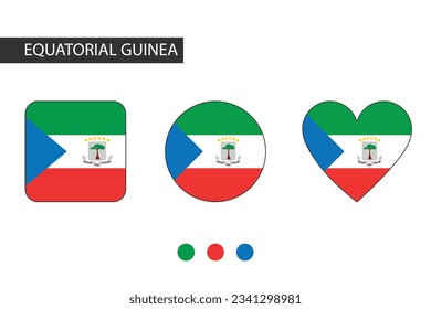 Guinea Ecuatorial 3 formas (cuadrado, círculo, corazón) con bandera de la ciudad. Aislado sobre fondo blanco.