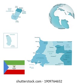 Equatorial Guinea administrative blue-green map with country flag and location on a globe. Vector illustration