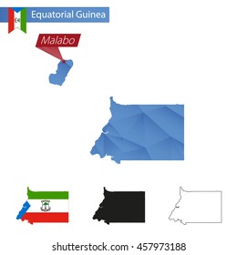 Equatorial Guinea blue Low Poly map with capital Malabo, four versions of map. Vector Illustration.