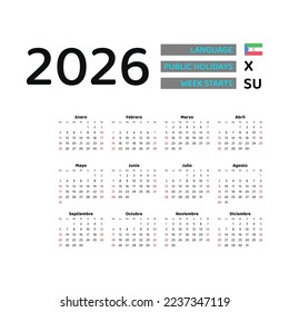 Equatorial Guinea calendar 2026. Week starts from Sunday. Vector graphic design. Spanish language.