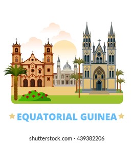 Equatorial Guinea country design template. Flat cartoon style historic sight web vector illustration. World vacation travel sightseeing Africa collection. Bata Cathedral de Malabo Basilica de Mongomo.