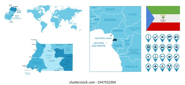 Equatorial Guinea detailed administrative blue map with country flag and location on the world map.