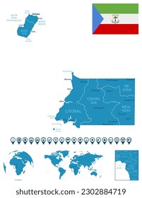 Equatorial Guinea - detailed blue country map with cities, regions, location on world map and globe. Infographic icons. Vector illustration