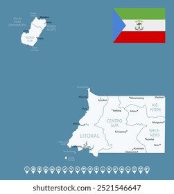 Guiné Equatorial - detalhado mapa azul do país com cidades e regiões. Ícones infográficos. Ilustração vetorial