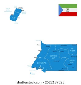 Guiné Equatorial - detalhado mapa azul do país com cidades e regiões. Ilustração vetorial.