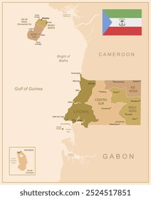 Guinea Ecuatorial - mapa detallado del país en colores marrones, dividido en regiones. Ilustración vectorial