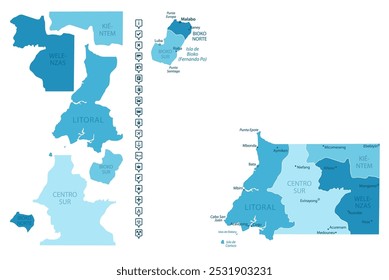 Equatorial Guinea - detailed map of the country in blue colors, divided into regions. Infographic icons. Vector illustration.