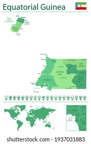 Equatorial Guinea, detailed map and flag. Equatorial Guinea, on world map.