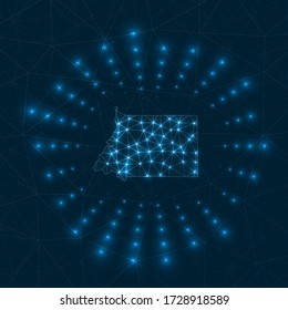 Equatorial Guinea digital map. Glowing rays radiating from the country. Network connections and telecommunication design. Vector illustration.