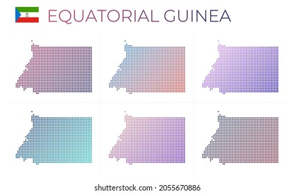 Mapa de puntos de Guinea Ecuatorial. Mapa de Guinea Ecuatorial con un estilo punteado. Las fronteras del país están llenas de hermosos círculos de gradientes lisos. Ilustración vectorial moderna.