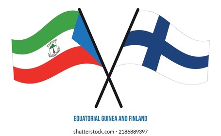 Banderas de Guinea Ecuatorial y de Finlandia Cruzadas y ondeadas de estilo plano. Proporción oficial.