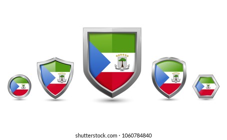 Equatorial guinea flag badges - silver shape shield circle hexagon - vector illustration