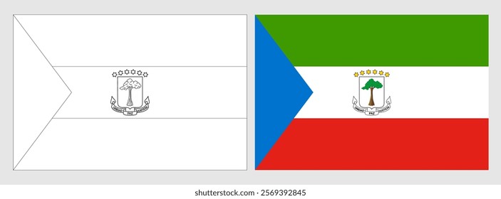 Equatorial Guinea flag - coloring page. Set of white wireframe thin black outline flag and original colored flag.