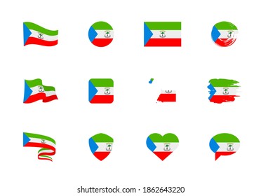 Equatorial Guinea flag - flat collection. Flags of different shaped twelve flat icons. Vector illustration set