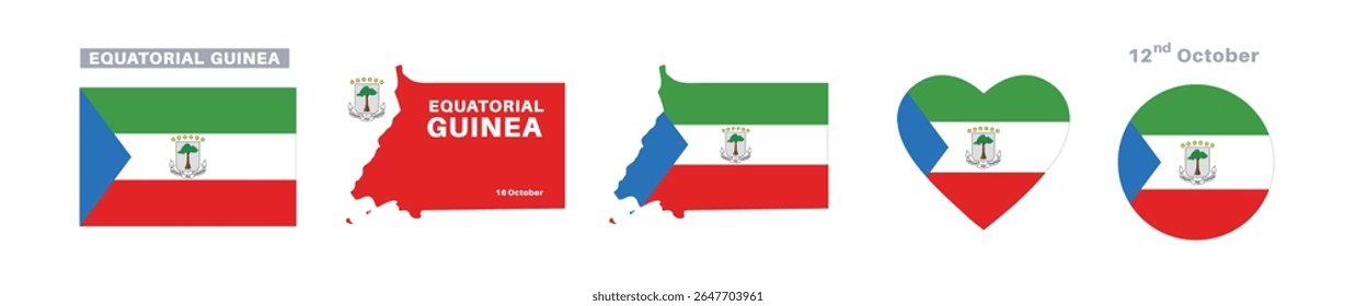 equatorial guinea flag and map set. equatorial guineaflag in official colors and proportions. independence day 12 october, map, circle and heart shaped equatorial guinea