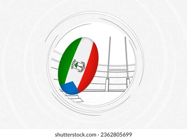 Equatorial Guinea flag on rugby ball, lined circle rugby icon with ball in a crowded stadium. Vector sport emblem on abstract background.