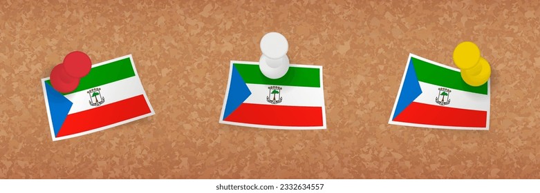 Equatorial Guinea flag pinned in cork board, three versions of Equatorial Guinea flag. Vector pushpins and flag set.