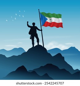 Bandera de Guinea Ecuatorial izada en la cima de una montaña con el cielo despejado en el fondo, Ilustración vectorial