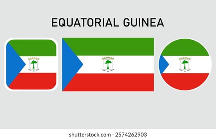 Equatorial Guinea flag set of icons. A set of flags in square, rectangular and round shapes. Flag icon. Standard colors. Vector illustration.