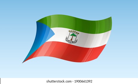 Símbolo del estado de la bandera de Guinea Ecuatorial aislado en una bandera nacional de fondo. Tarjeta de saludo Día Nacional de la Independencia de la República de Guinea Ecuatorial. Cartel de ilustración con bandera de estado realista.