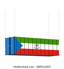 Kennzeichen Äquatorialguineas auf Frachtcontainern, die von Kette zu Kette hängen, das Konzept der Ein- und Ausfuhr-Transport-Geschäft des Landes.