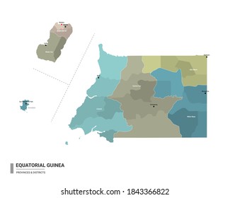 Equatorial Guinea higt detailed map with subdivisions. Administrative map of Equatorial Guinea with districts and cities name, colored by states and administrative districts. Vector illustration with 