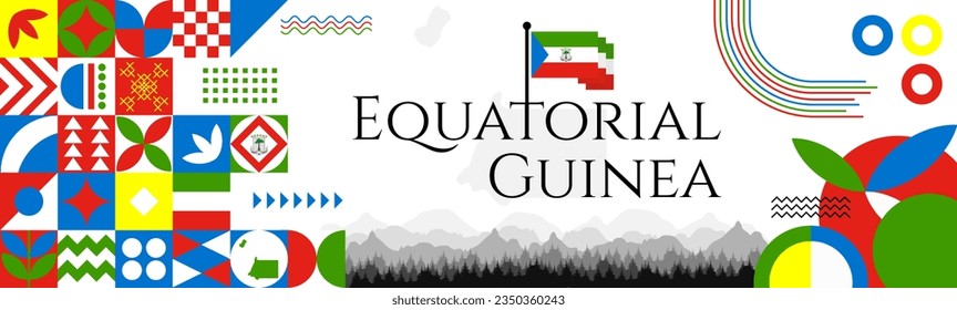 The Equatorial Guinea Independence Day abstract banner design with flag and map. Flag color theme geometric pattern retro modern Illustration design. Blue, green, and red color template.