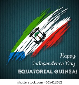 Equatorial Guinea Independence Day Patriotic Design. Expressive Brush Stroke in National Flag Colors on dark striped background. Happy Independence Day Equatorial Guinea Vector Greeting Card.