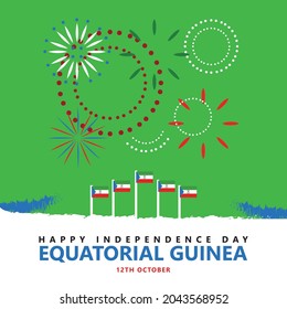 Ilustración vectorial del Día de la Independencia de Guinea Ecuatorial con sus banderas nacionales y fuegos artificiales. Festividad pública del país de África Occidental.